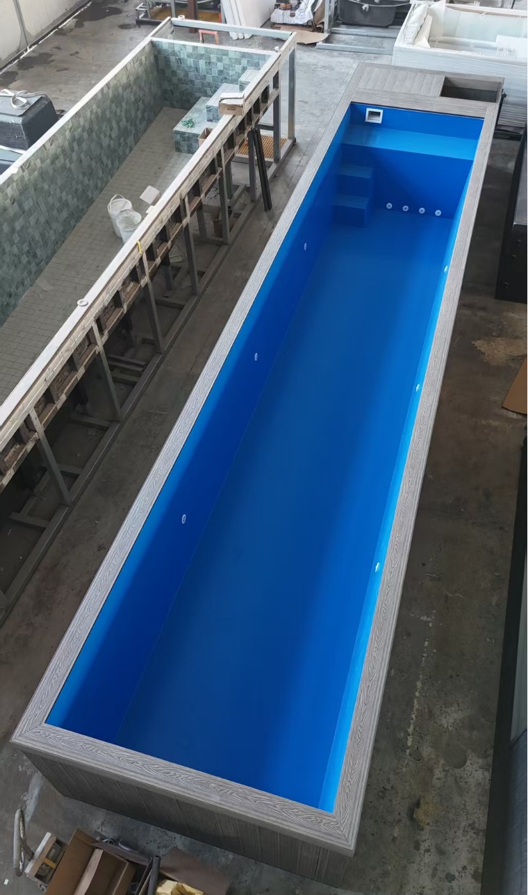 40ft blue fibreglass shell and steps — factory photograph